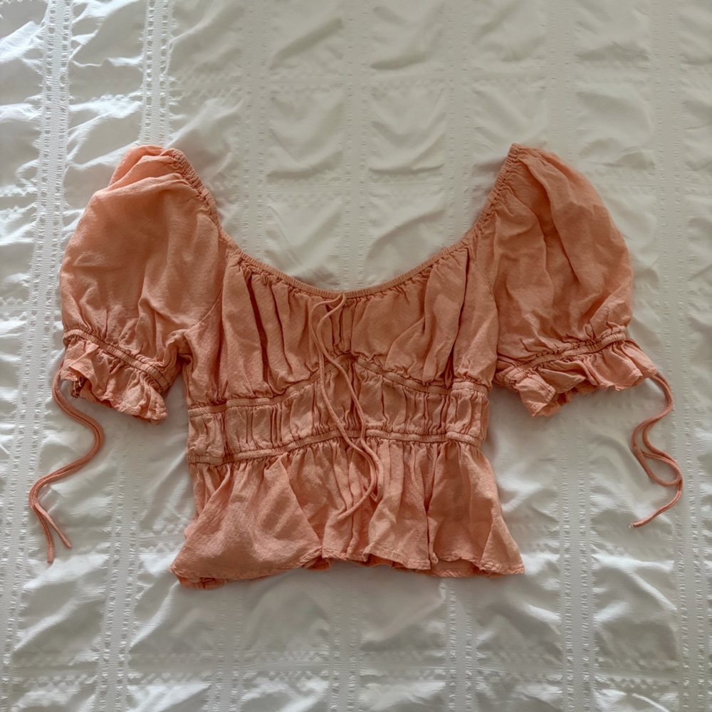 Smocked Peach Puff Short-Sleeve Crop Blouse